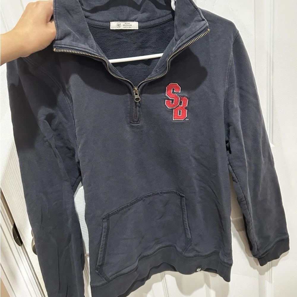 47 Navy Quarter-Zip Women's Sweater with Red Logo